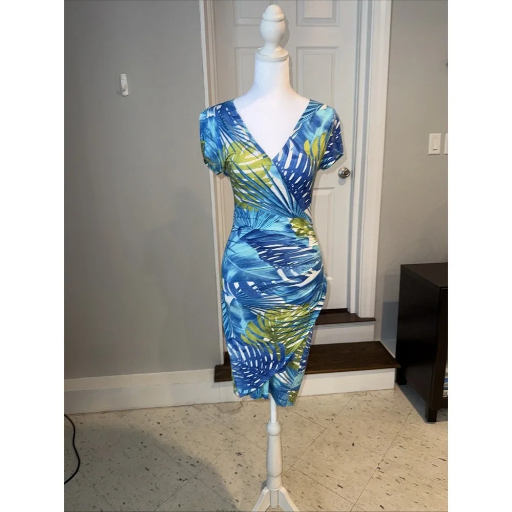 Cache Dress Womens Small V Neck Wrap Stretch Blue Faux Wrap Vintage Tropical - Picture 1 of 7